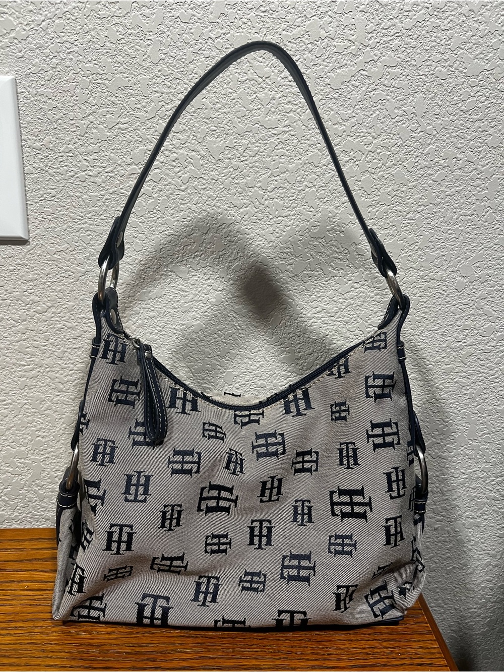 Tommy Hilfiger Monogram Canvas Hobo Shoulder Bag – Navy/Gray